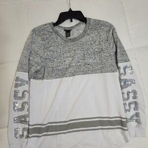 Gray and White Long Sleeve Top with Sassy Sleeves